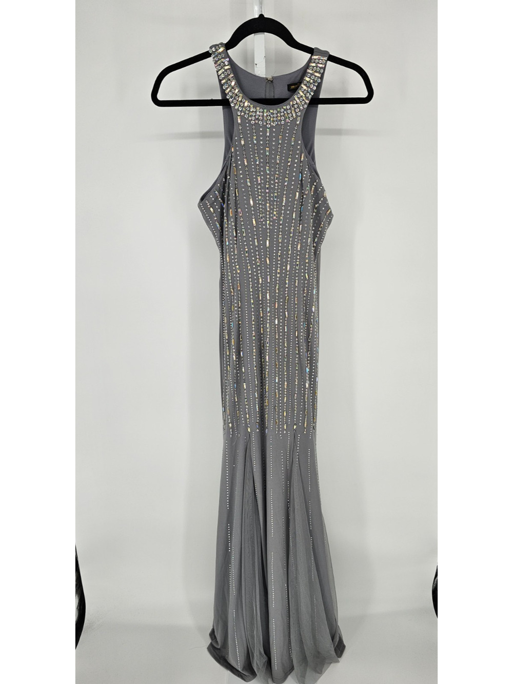 Say Yes to the Prom Juniors Sz 7 Maxi Length Formal Dress Silver Beaded